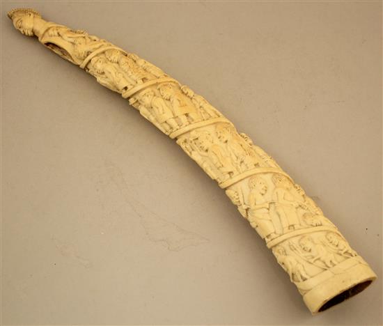 An early 20th century Belgian Congo carved ivory oliphant, 16.5in.